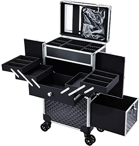 Adazzo Professioneller Make-up-Koffer für Make-up-Künstler, multifunktionaler Kosmetik-Zugkoffer, großer Trolley, Aufbewahrungskoffer für Nageltechniker, Kosmetikkoffer für Friseure, Schwarz,