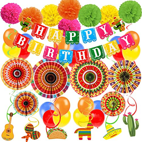 Recosis Fiesta Geburtstag Dekorationen, Mexikanische Themen Happy Birthday Banner Papier Pompoms Mexiko Fans Fiesta Dekorationen Ballons Geburtstag Party Dekorationen