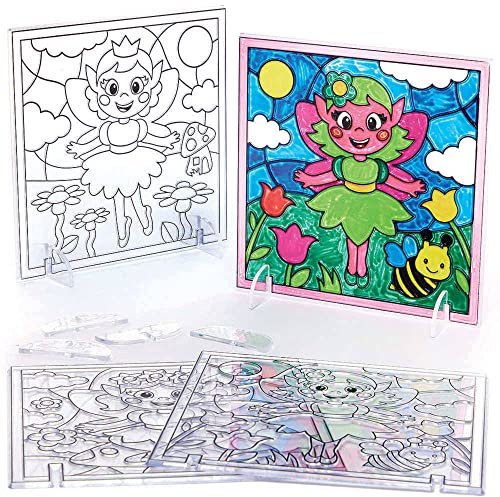 Baker Ross FC699 Fairy Suncatcher Pictures - Pack of 4, Painting Craft Kit for Kids, Stained Glass Window Crafts, Creative Summer Craft