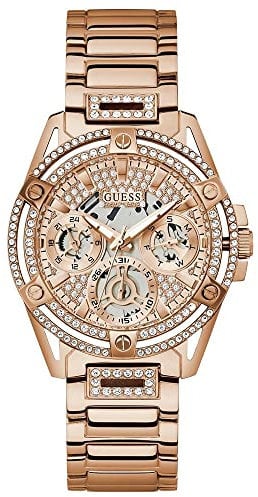 Guess Queen Damen Armbanduhr mit Zirkonen, Roségold, Edelstahlarmband, 5 bar Wasserdichtigkeit – 40 mm Gehäuse, Elegantes Design, GW0464L3 SP