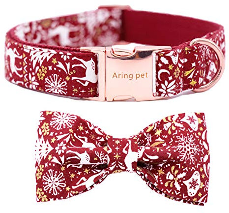 ARING PET Hundehalsband-Baumwolle Weihnachten Hundehalsband mit Schleife, Einstellbare Rot Rentier Fliege Halsbänd für Kleine Mittlere Große Hunde