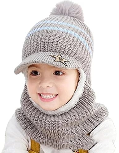 iNszkoos Kinder Wintermütze mit Ohrenklappen und Schal Baby Jungen Mädchen Kleinkind SchalMütze Verdicken Warme Niedlich Strickmütze Pom Beanie Mütze Winter Mütze Schal mit Fleecefutter für 2–6 Jahre