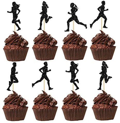 24Pcs Running Cupcake Toppers Black Glitter Sports Fitness Cupcake Picks for Running Theme Boys Girls Birthday Party Cake Decorations Supplies