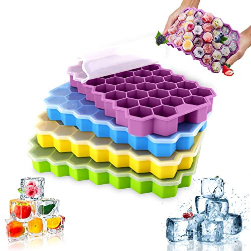 4 Uds Bandejas de Cubitos de Hielo de Silicona con Tapas 148 Moldes de Cubitos de Hielo,Bandejas de Cubitos de Hielo de Silicona Apilables para Comida de Bebé, Cerveza,Cubitos de Hielo de Frutas