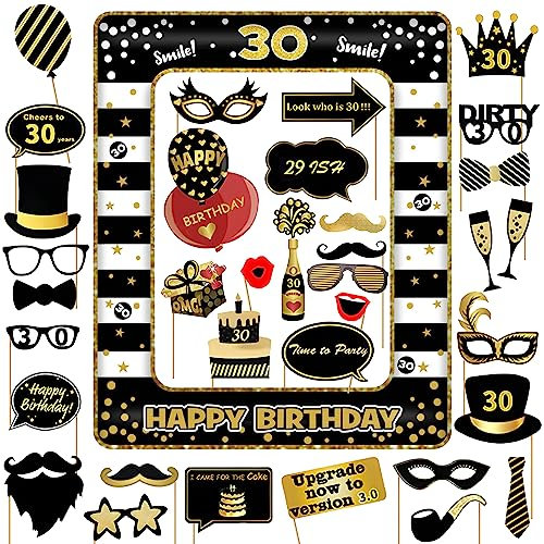 30th Birthday Photo Booth Props and Inflatable Selfie Frame, 35 Pcs 30th Funny DIY Birthday Party Props for Women Men, Black Gold Inflatable Party Photo Booth Frame