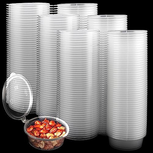 CHEUKYIU 100 vasos de plástico de 50 ml con tapa, pequeñas latas para salsas, mini recipientes de plástico con tapa para alimentos, vasos de postre, salsa