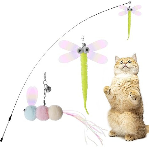 Bewudy 2 PCS Interactive Cat Wand Toy With Bells, Feather Dangler for Indoor Cats and Kittens - Funny Exercise Catcher (Caterpillar)