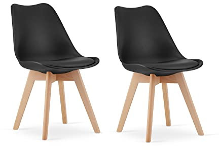 NMK HOME Sillas Comedor Pack 2 - Negro Sillas de Cocina - Patas de Silla en Madera de Haya - Piel Sintética Aterciopelada