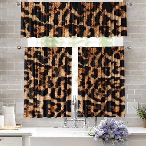 IFFVGX 3er-Set Leoparden-Küchenvorhänge-Sets 58 Bx14 H + (28 Bx36 H) x2 für Fenster, Stangentasche, Weihnachten, Küchen-Vorhänge, Set mit Wilden Tieren, Geparden-Druck, Fenstervorhänge, Stoffvorhänge