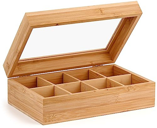 Zoutpy Bamboo Tea Box con 8 scomparti 30 x 19 x 9 cm Scatole da tè per bustine da tè, Scatola da tè con sigillo magnetico ermetico, Scatola da tè con grande schermo di vetro con coperchio
