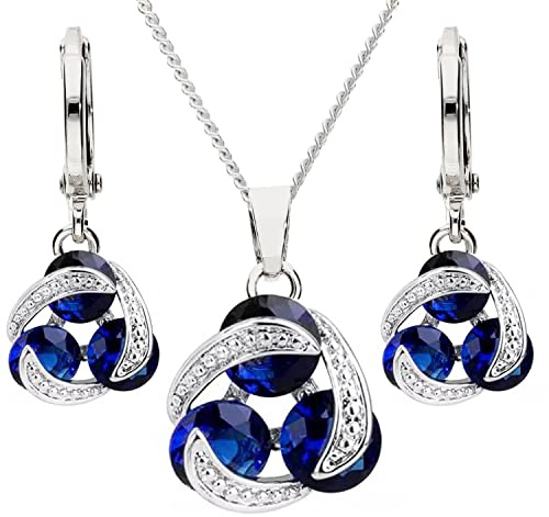 Löb Damen Schmuckset 785er 18KT Weißgold vergoldet Halskette Creolen Set Infinity Ring Zirkonia Stein Saphir Blau Kette Ohrringe Hängend