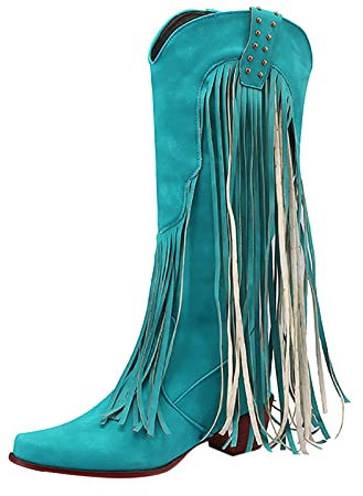 Cowboystiefel Damen Weiß Frauen High Heel Stiefel Herbst und Winter Außenhandel Große Größe Modische Quaste Stiefel Dicker Absatz Hoher Schlauch Bequem Lammfell Gefüttert (1-Blue, 38)