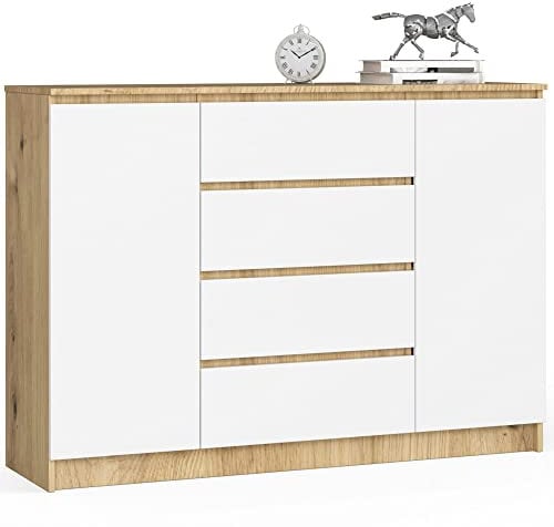 AKORD Kommode K 140 cm 4 Schubladen und 2 Türen | zum Wohnzimmer Schlafzimmer Arbeitszimmer | Modernes funktionales Design | laminierte Platte | Farbe: Artisan Eiche | Weiß
