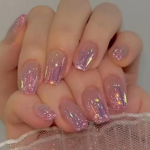 Ceboic 24pcs False Nails - Short Square, French Tip Pink Purple Designs, Aurora Meteor Press-On Nails Kit - Ballerina Full Cover Acrylic Stick on Nails Manicure Set