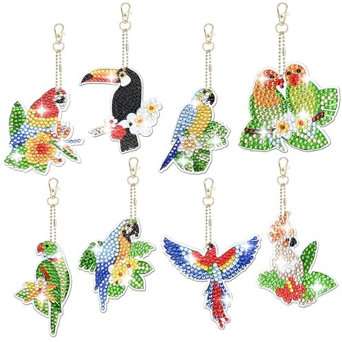 Silkwish 8 Stück 5D Diamond Painting Anhänger, Schlüsselanhänger Vogel für Kinder DIY, Doppelseitige Keychain Diamond Malerei Schlüsselbund, Geschenkidee