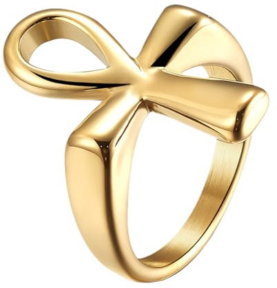 Flongo Ankh Kreuz Ring Ägyptisch: Damen Gold Edelstahl Ringe Vergoldet Cross Finggerring golden religiöse stapelbar vintage Geschenk Siegelring Amulett für Herren Frauen Männer Geburtstag Weihnachten