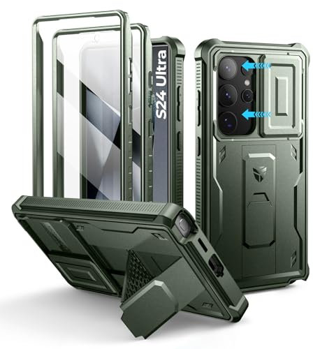 Dexnor for Samsung Galaxy S24 Ultra Case with Built-in Slide Camera Cover & Screen Protector & Kickstand, Heavy-Duty Shockproof Rugged Case Full-Body Bumper Protective Cover for S24 Ultra - Green