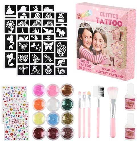 Glitter Tattoos for Kids – 100+ Temporary Glitter Tattoos for Girls, 12 Colours, Gems, Brushes Glue – Birthday Gifts for Girls Age 9, Waterproof, Party Tattoo Kit
