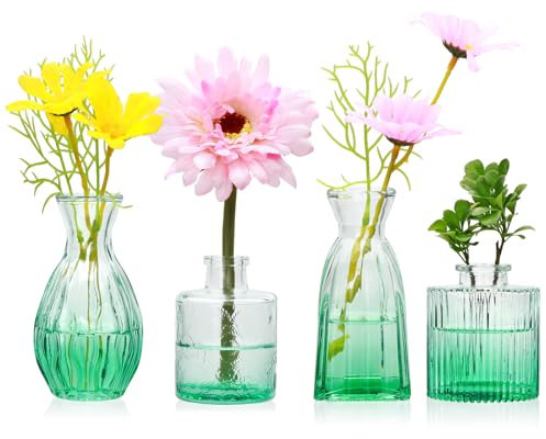 Mapoxy Juego de 4 jarrones de cristal, pequeños jarrones verdes para decoración de mesa de centro de mesa de boda, mini jarrones transparentes vintage en relieve, arreglos florales en jarrones para