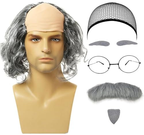 UILYNIU 7 Stück Glatzen Perücken Set Herren Kostüm Herren Perücke Opa Perücke Männerperücke mit Glatze Bart Augenbrauen Perückenkappe Brille Opa Zubehör für Party Cosplay Halloween (Grau-Lockig)
