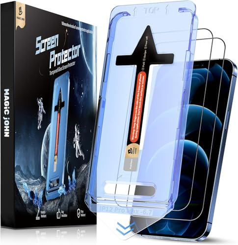 MAGIC JOHN Pack of 2 for iPhone 12 Pro Max for Tempered Glass (6.7 Inches), Auto Dust Elimination, 9H Hardness Film, Ultra Clear Screen Protector, Bubble-Free, Easy Installation