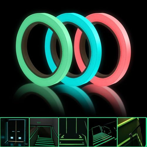 ZOCONE 3 Rollen Fluoreszierendes Klebeband, 10mm x 10M Neon Klebeband, Wasserdicht Selbstklebend Glow in the Dark Tape Markierungsband für Treppen Wänden Partydeko Bühnenbedarf (3 Farben)