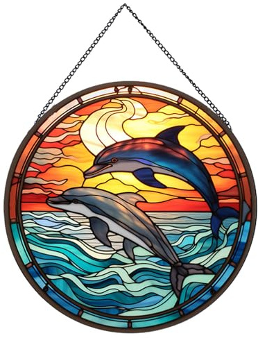 Payutou Sonnenfänger mit springendem Delfin-Muster, Buntglas zum Aufhängen, für Fenster, 20 cm, Sonnenfänger, Gartenbehang, Ornamente, Halloween, Herbst, Weihnachtsdekoration für Zuhause