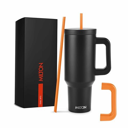 MILTON 1.18L (40 Oz) Tumbler with Straw and Handle – Keeps Drinks Hot for 12 Hours, Cold for 24 Hours, Vacuum Insulated Stainless Steel Travel Mug, Thermal Cup – Dishwasher Safe, Venus, Black