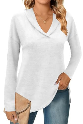 Famulily Ladies Elegant V Neck White Sweatshirts Long Sleeve Oversized Pullover Polo Shirt Casual Tunic Jumper Tops (XL, White)