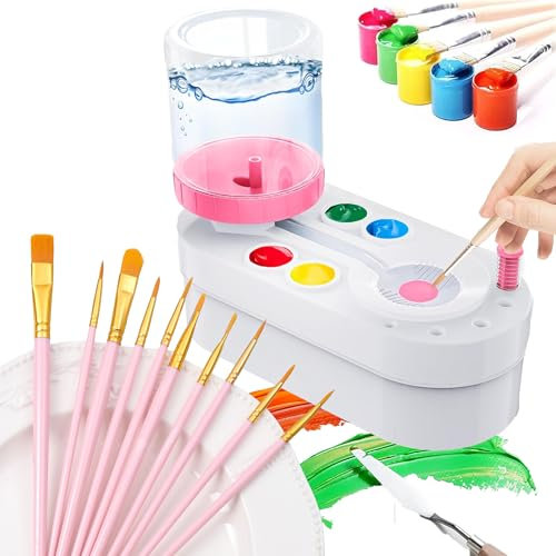 Hynhsun Upgraded Paint Brush Cleaner, 10 Painting Brushes Accessories, Kids Painting Station with Drain and Brush Holder, Water Circulation Paint Brush Cleaner Tool for Adults & Kids (Pink)
