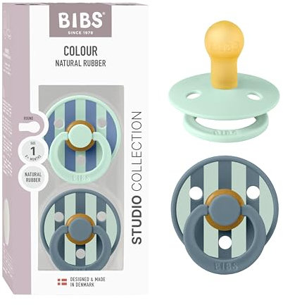 BIBS Colour Studio Schnuller 2er-Pack. BPA-frei. Kirschform Nippel. Naturkautschuk/Latex. Hergestellt in Dänemark. Größe 1 (0-6 Monate). Block Nordic Mint Petrol