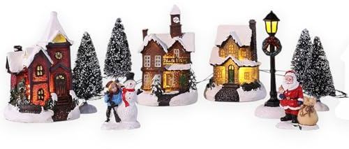 Città del Natale set 8 pz Villaggio Natalizio innevato con Casette illuminate, paesaggio con personaggi e Babbo Natale con Luci LED, accessori Alberi di Natale Carillon Musicale Giostrina