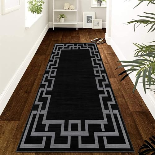 MOONLIGHT20015 Rugs for Hallway Runner 80x300 cm Large - Greek Key Style Black Area Rugs for Bedroom Living Room – Non Slip Modern Printed Carpets for Lounge, Nico Black