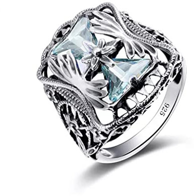 NTALJC 925 Sterling Silber Ringe Aquamarin Dreieck Damen Ring Blau Geburtstag Bankett Schmuck