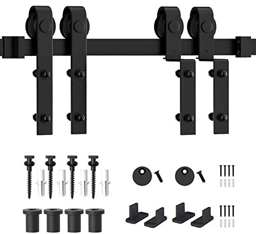 Sturdy Black Single Track Bypass Sliding Barn Door Hardware Kit for Two Doors Heavy Duty 26.2 ft Flat Track Design Roller Accessories Included