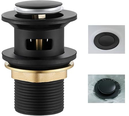 Ablaufgarnitur Waschbecken, Universal Waschbeckenstöpsel mit Überlauf, Ablaufgarnitur für Waschbecken & Waschtisch, Pop-Up Ablaufventil mit Überlauf, Matt Schwarz