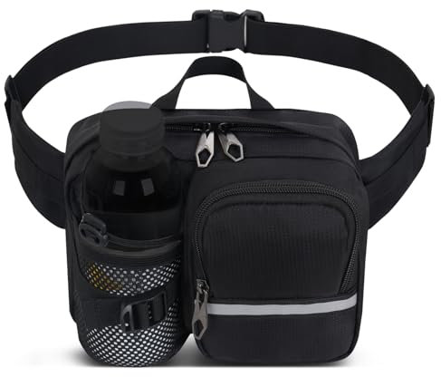 Sac Banane Taille Homme Femme Sac Banane Sacs Bananes de randonnée avec Porte Bouteille Ceinture réglable pour la randonnée d'entraînement en Plein air (Black)