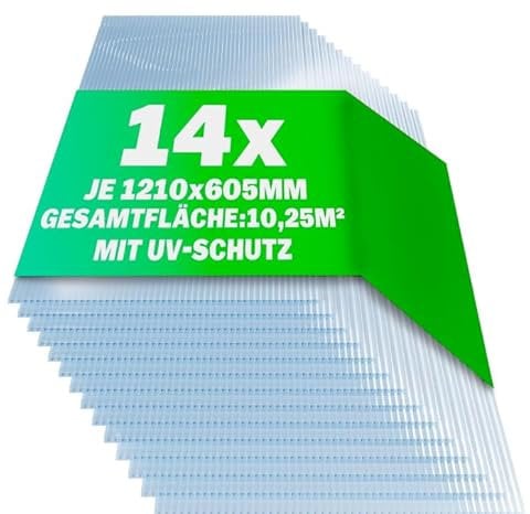 casa pura | Gewächshausplatten 14x | 60,5 x 121 cm - | Polycarbonat (PC) | Hohlkammerplatte - Doppelstegplatte (Transparent, 6 mm)