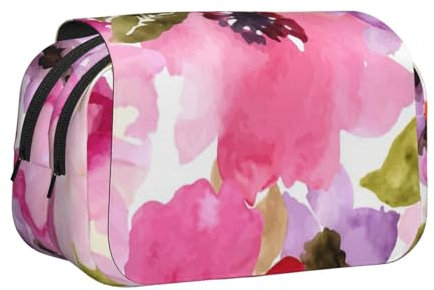 YXDVPALNE Aquarell Blumen Rosa Fuchsie Doppeltes Clamshell-Stifteetui, tragbares Bleistiftetui mit Reißverschluss