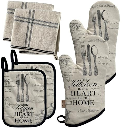 ZORR Juego de guantes de horno con 2 paños de cocina, guantes resistentes al calor, guantes para cocinar, hornear, estilo vintage