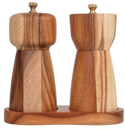 DeroTeno Salz- und Pfeffermühlenset mit Mühlenuntersetzer, Verstellbare Keramikmahlwerk Salzmühle, Edelstahlmahlwerk Pfeffermühle, Akazienholz, 14 cm Höhe, Boden DIA 6 cm