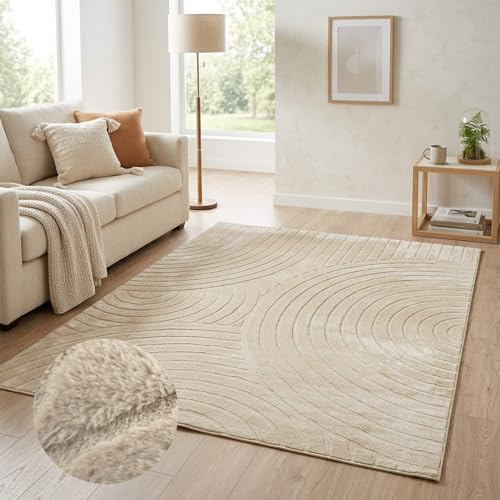 carpet city Teppich Wohnzimmer Kurzflor - 160x230 cm in Beige - Geometrisches Wellen-Muster in 3D-Optik - Weich & Soft-Touch Haptik - Moderne Teppiche für Schlafzimmer & Flur