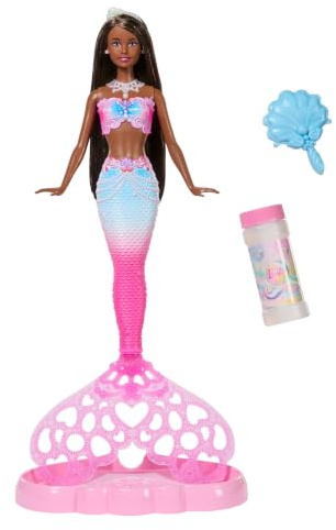 Barbie Sirène Bulles Magiques | Fonction bulles, solution, plateau, brosse à cheveux, cheveux longs colorés, JNM73