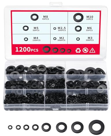 1200 PzRondelle in Nylon per Viti, Kit Assortito di Rondelle Gomma, Distanziali Rotondi in nylon Plastica, Rondelle Piatte per Bulloni domestico e commerciale, M2 M2,5 M3 M4 M5 M6 M8 M10 (nero)