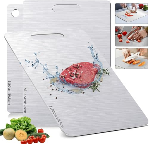SUS316 Schneidebrett Edelstahl 3er Set : Antibakterielles Titan Schneidebrett Set, Spülmaschinenfest & Schimmelfrei – Doppelseitiges Cutting Board für Fleisch, Obst & Teig – Nie wieder Mikroplastik
