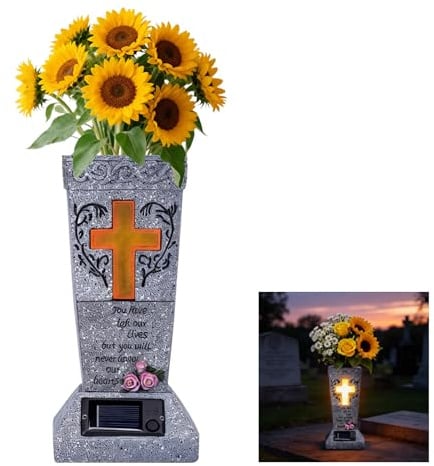 Solar Cemetery Grabvase mit Basisstifte LED Lichtkreuzen & Klage Friedhofsvase Grablampe Wetterfeste Grabblüten Gedenkblütentöpfe Vase Outdoor Deko