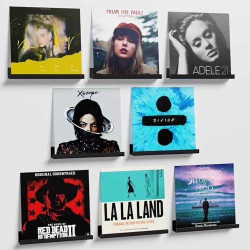 8 Pack Vinyl Record Shelf Wall Mount, 12-inch Black Acrylic Vinyl Holder | Narrow Floating Shelves for Home Storage and Display of Albums, Nail Polish, Magazines, Comic Books, and Picture Frames