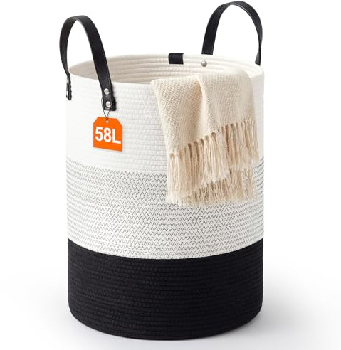 Cesto Ropa Sucia 58L en Cuerda de Algodón Cesta Ropa Sucia | Grande Hamper Basket Tejido Cesta, Cubo Ropa Sucia con Asa– Cesta con Asa para Hogar, Resistente & Estilosa