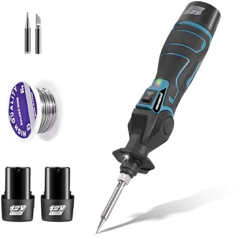 Akku Lötkolben Set,Soldering Iron mit LED-Licht,400 °C Hochtemperatur, 90° einstellbarer Winkel, 2 Lötspitzen, Mini Lötkolben, Lötstation für Elektronik Löten Reparaturen (2*Akku)