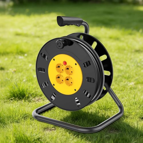 Rallonge de 50 m, 4 prises, avec support, prise européenne fondue, 13 A, rouleau de câble ouvert avec découpe thermique, bobine d'extension longue pour jardin, bricolage et atelier